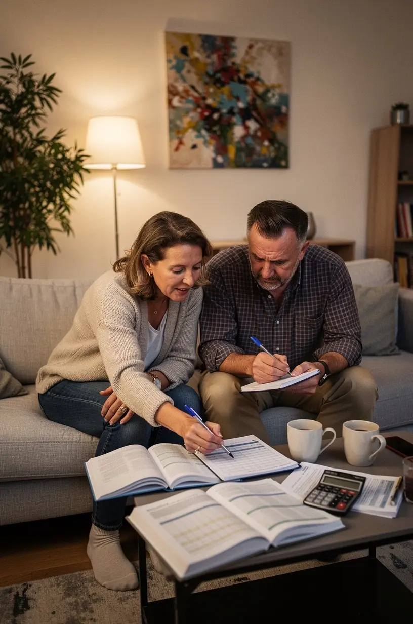 Digitális eszközök és papíralapú jegyzetek egy asztalon, a személyes pénzügyek tervezéséhez.