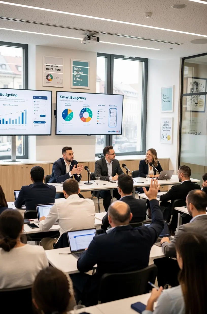 Résztvevők csoportképe egy offline pénzügyi oktatás végén, önbizalommal és mosollyal.